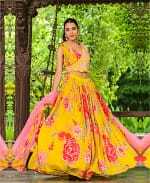 Pure Chinnon Mustard Colored Printed Handwork Lehenga