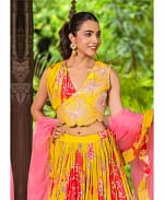 Pure Chinnon Mustard Colored Printed Handwork Lehenga