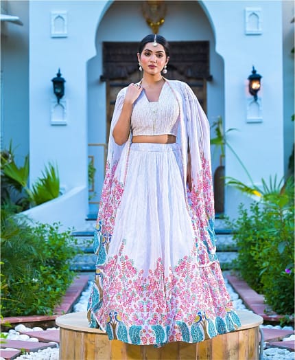 White Printed Lehenga With Handwork Blouse & Designer Cape
