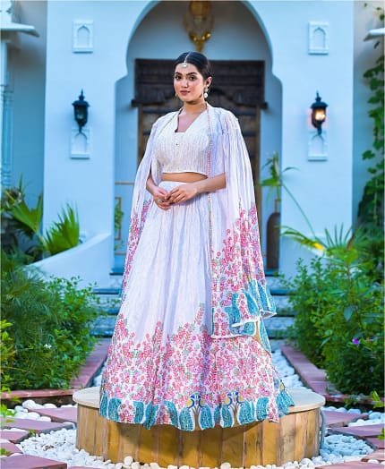 White Printed Lehenga With Handwork Blouse & Designer Cape