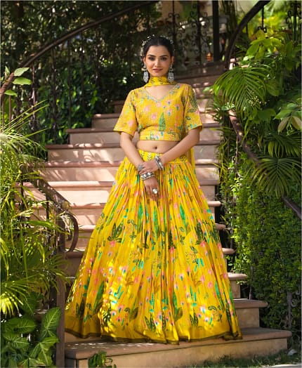 Floral Printed Pure Chinnon Handwork Lehenga