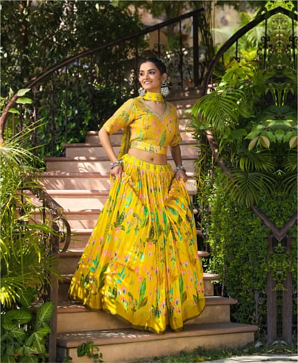 Floral Printed Pure Chinnon Handwork Lehenga
