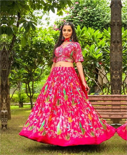 Floral Printed Pure Chinnon Handworkblouse with Lehenga