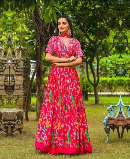 Floral Printed Pure Chinnon Handworkblouse with Lehenga