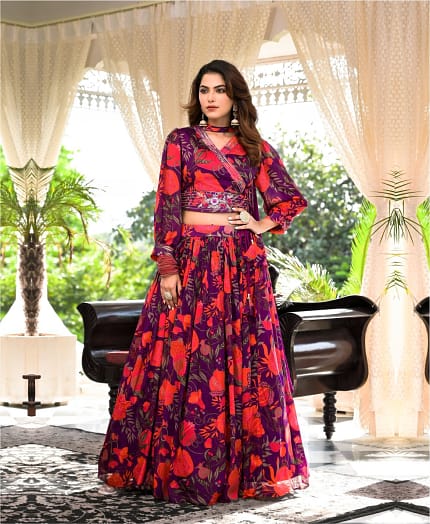 Floral Printed Pure Chinnon Handwork Lehenga