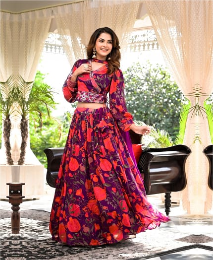 Floral Printed Pure Chinnon Handwork Lehenga