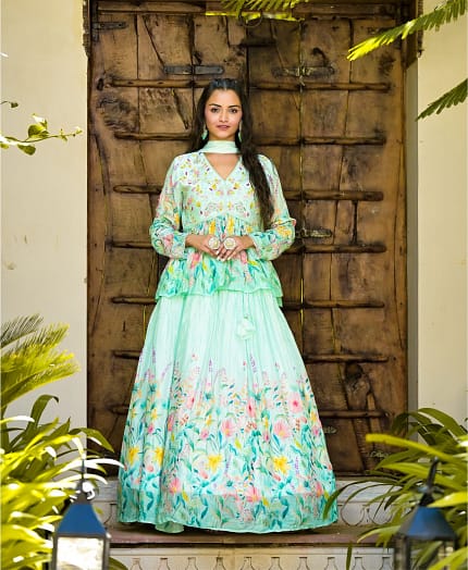 Floral Printed Pure Chinnon Handwork Lehenga
