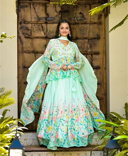 Floral Printed Pure Chinnon Handwork Lehenga