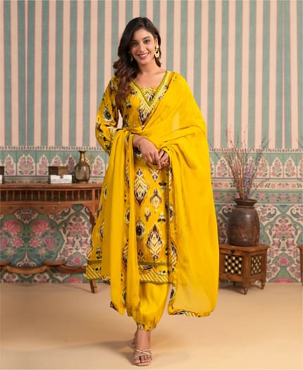 Muslin Printed Suit With Afghani Pants