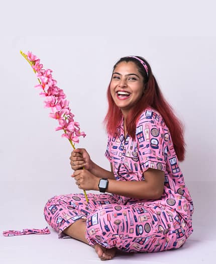 Swiss Cotton Pink Makeup Designer Nightwear