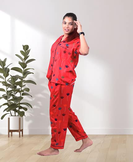 Swiss Cotton Designer Mehroon Poster Nightwear