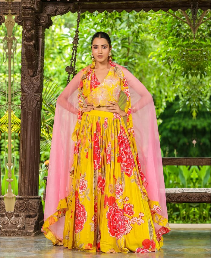 Pure Chinnon Mustard Colored Printed Handwork Lehenga