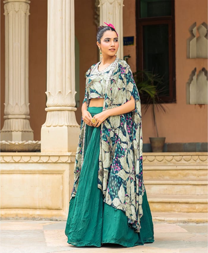Bottle Green Lehenga With A Designer Cape