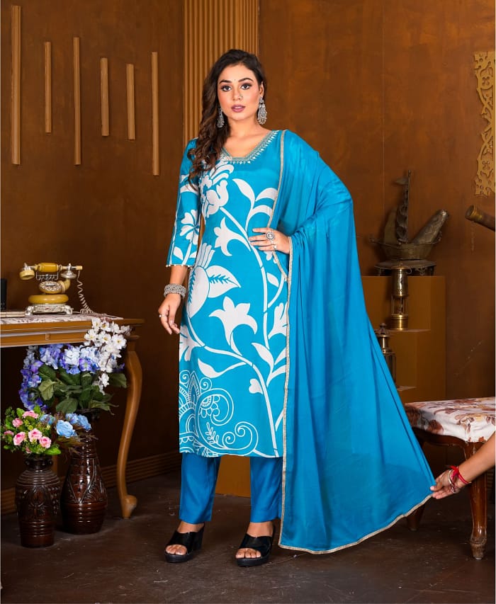 Printed Muslin Blue Color Suit