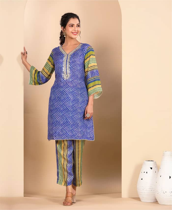 Lehariya Printed Co-ord Set with Handwork on the Neck Line