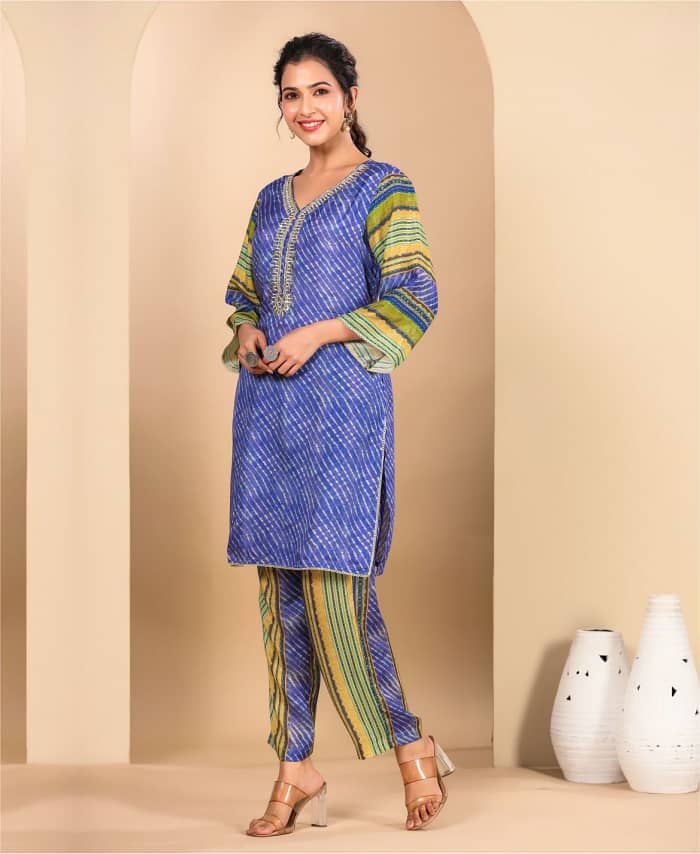 Lehariya Printed Co-ord Set with Handwork on the Neck Line