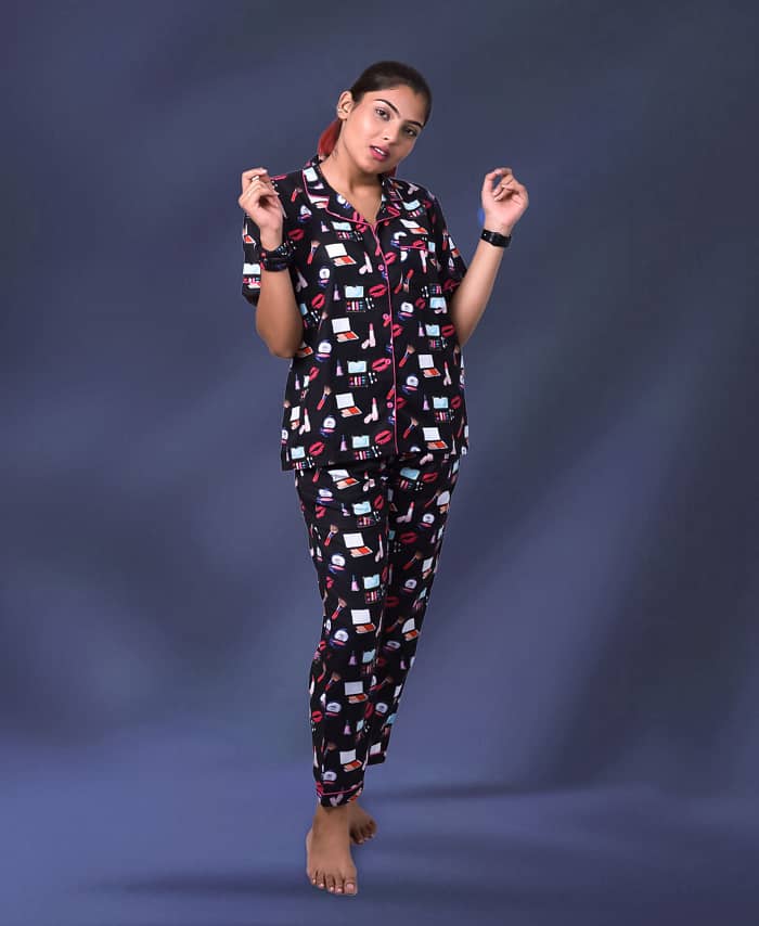 Makeup Printed Black Nightwear