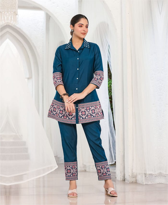 Navy Blue Thread Work Designer Co-ord Set