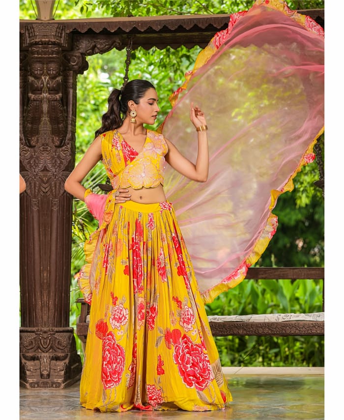 Pure Chinnon Mustard Colored Printed Handwork Lehenga