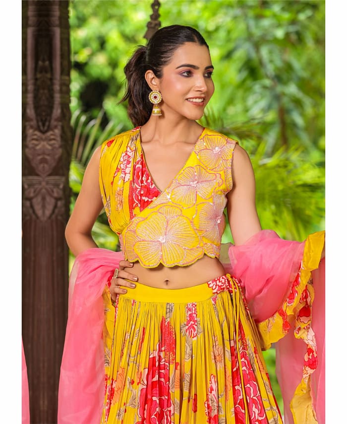 Pure Chinnon Mustard Colored Printed Handwork Lehenga