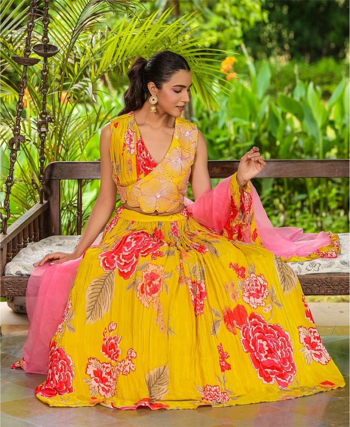Pure Chinnon Mustard Colored Printed Handwork Lehenga