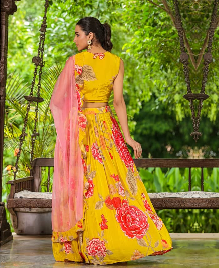 Pure Chinnon Mustard Colored Printed Handwork Lehenga