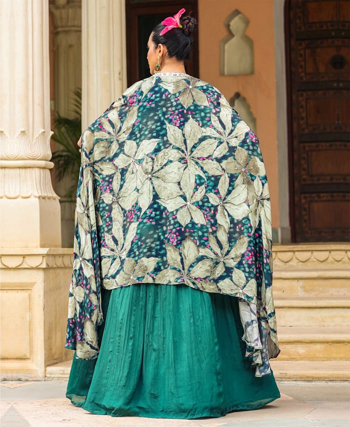 Bottle Green Lehenga With A Designer Cape