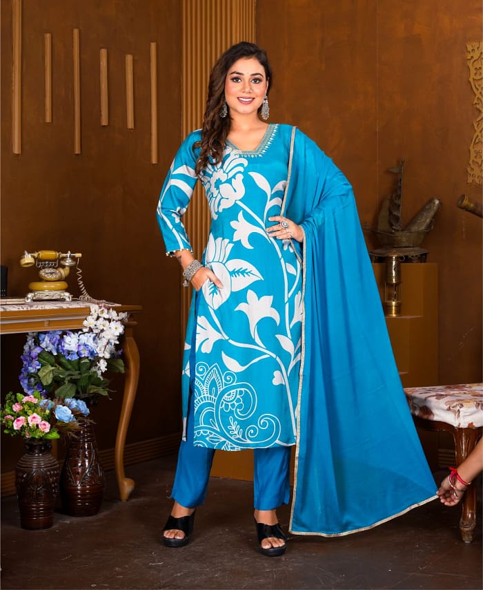 Printed Muslin Blue Color Suit
