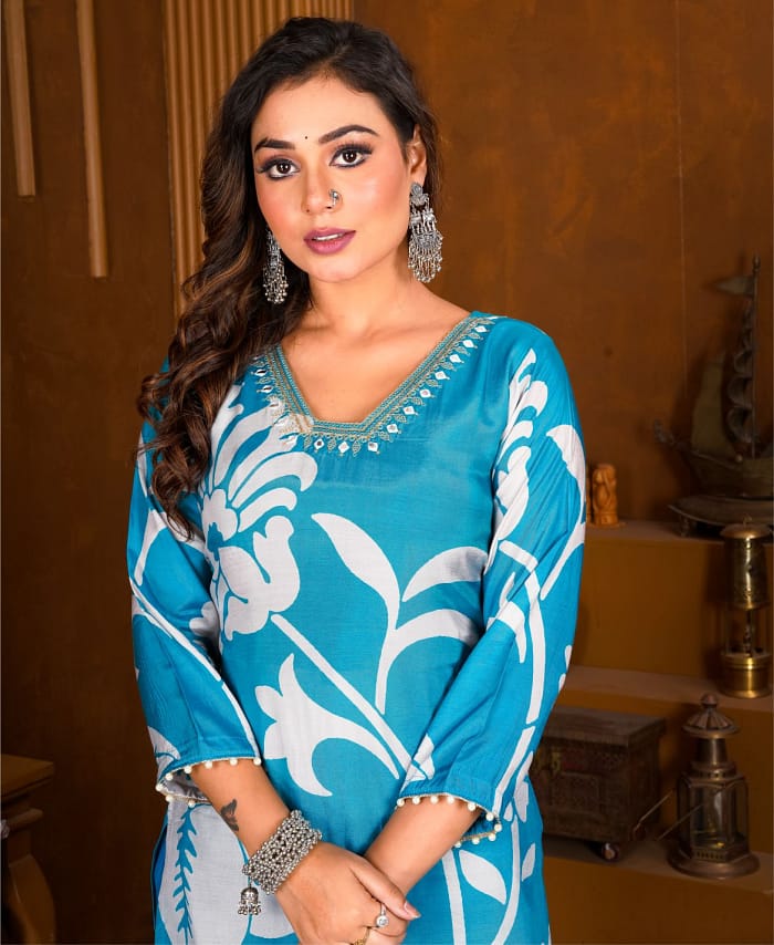 Printed Muslin Blue Color Suit