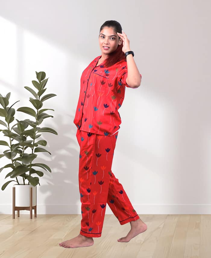 Swiss Cotton Designer Mehroon Poster Nightwear