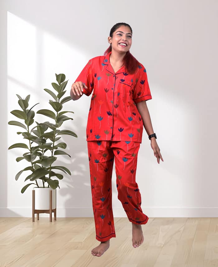 Swiss Cotton Designer Mehroon Poster Nightwear