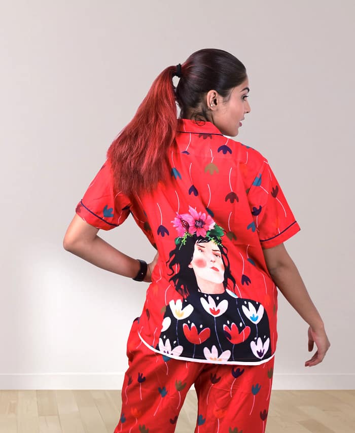 Swiss Cotton Designer Mehroon Poster Nightwear