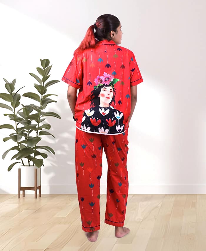 Swiss Cotton Designer Mehroon Poster Nightwear